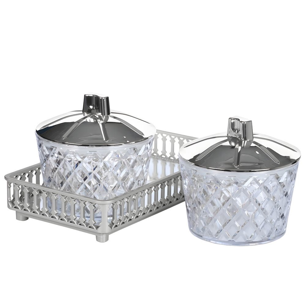 Jaypee Plus O'Luxe Airtight 2 - Piece Crystal Jar Set with Tray | Unbreakable Food Grade Plastic Containers with Metallic Mirror Glass Tray | Ideal for Dry Fruits, Spices, and Snacks | Elegant Serving & Gifting Set - Crystalkart