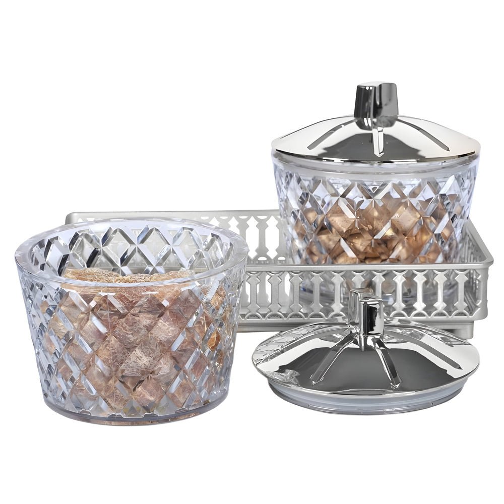 Jaypee Plus O'Luxe Airtight 2 - Piece Crystal Jar Set with Tray | Unbreakable Food Grade Plastic Containers with Metallic Mirror Glass Tray | Ideal for Dry Fruits, Spices, and Snacks | Elegant Serving & Gifting Set - Crystalkart