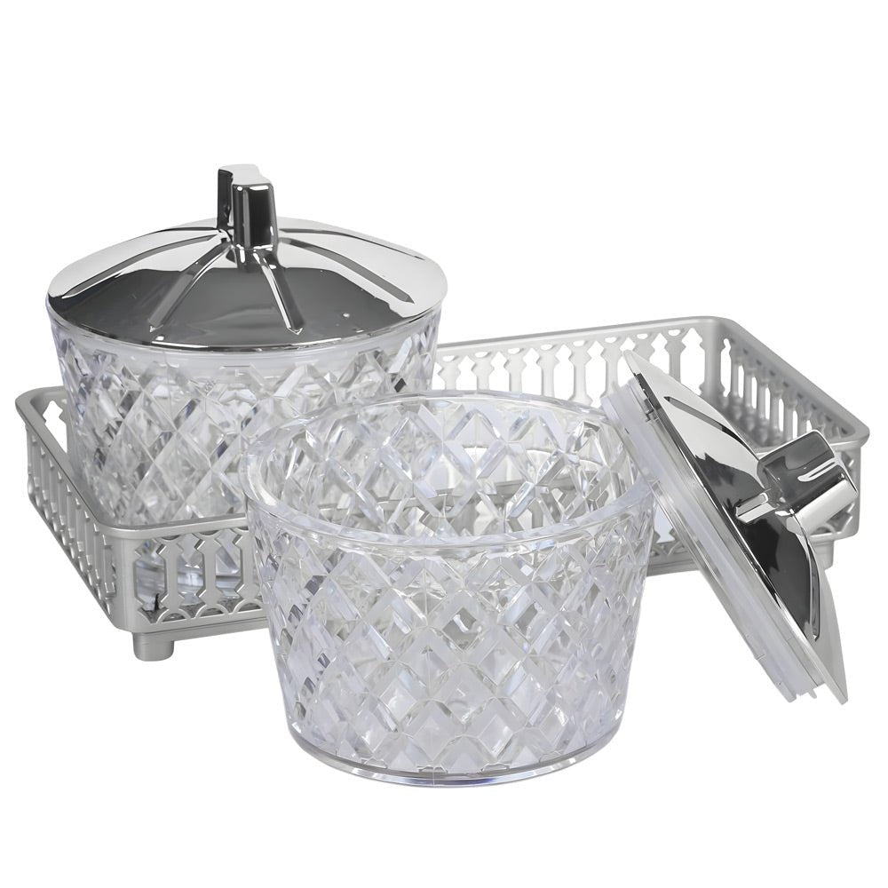 Jaypee Plus O'Luxe Airtight 2 - Piece Crystal Jar Set with Tray | Unbreakable Food Grade Plastic Containers with Metallic Mirror Glass Tray | Ideal for Dry Fruits, Spices, and Snacks | Elegant Serving & Gifting Set - Crystalkart