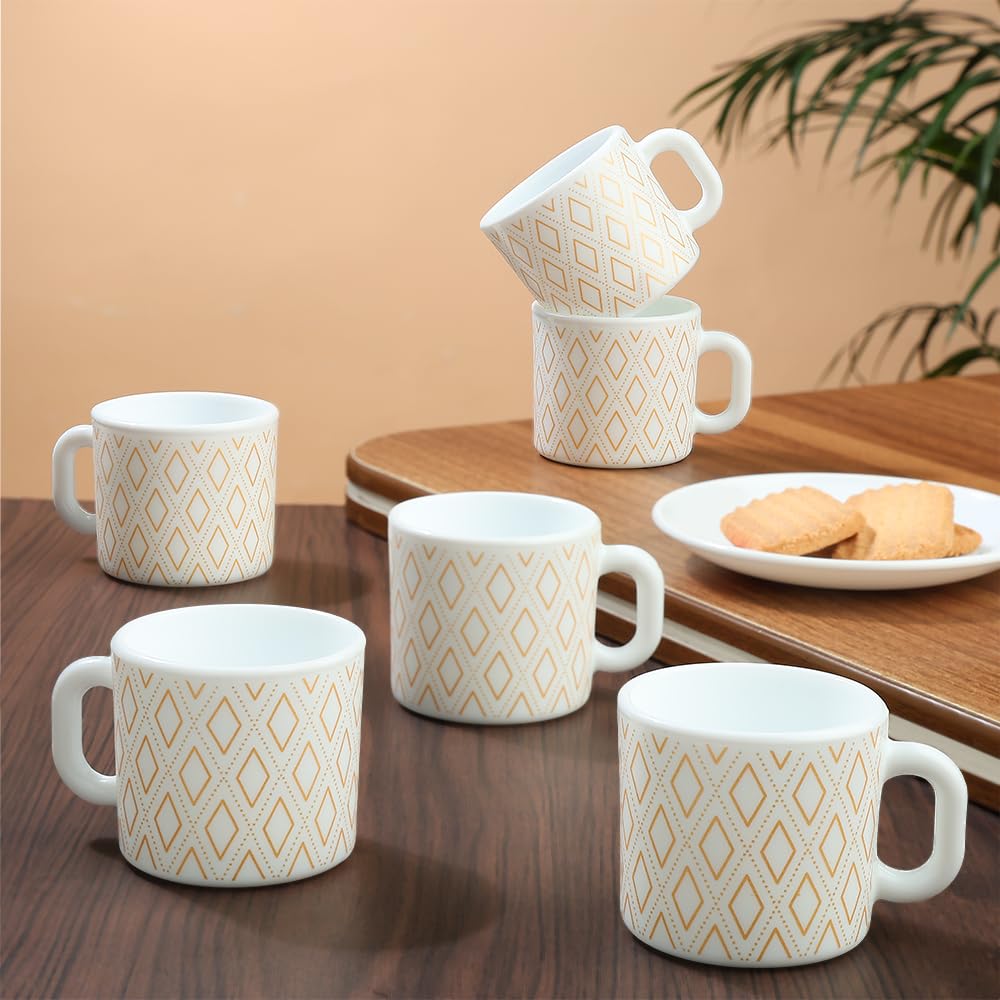 Larah by BOROSIL Angel Gold Opalware Mug | Coffee Mugs, 140 ml Each | Microwave & Dishwasher Safe | Bone - Ash Free - Crystalkart