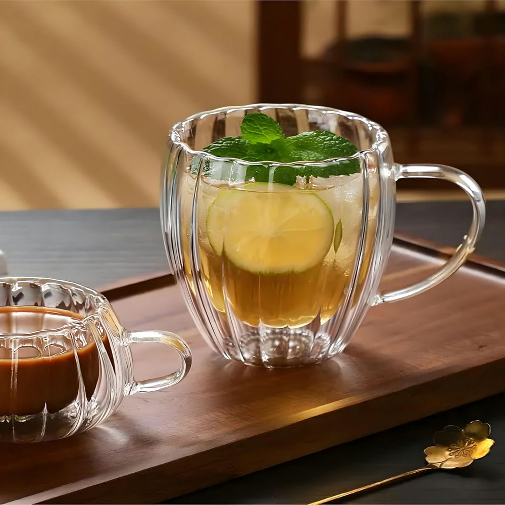 Ribbed Double Wall Insulated Borosilicate Glass Mugs, 250 ml | Stylish & Durable for Coffee, Tea & More - Crystalkart
