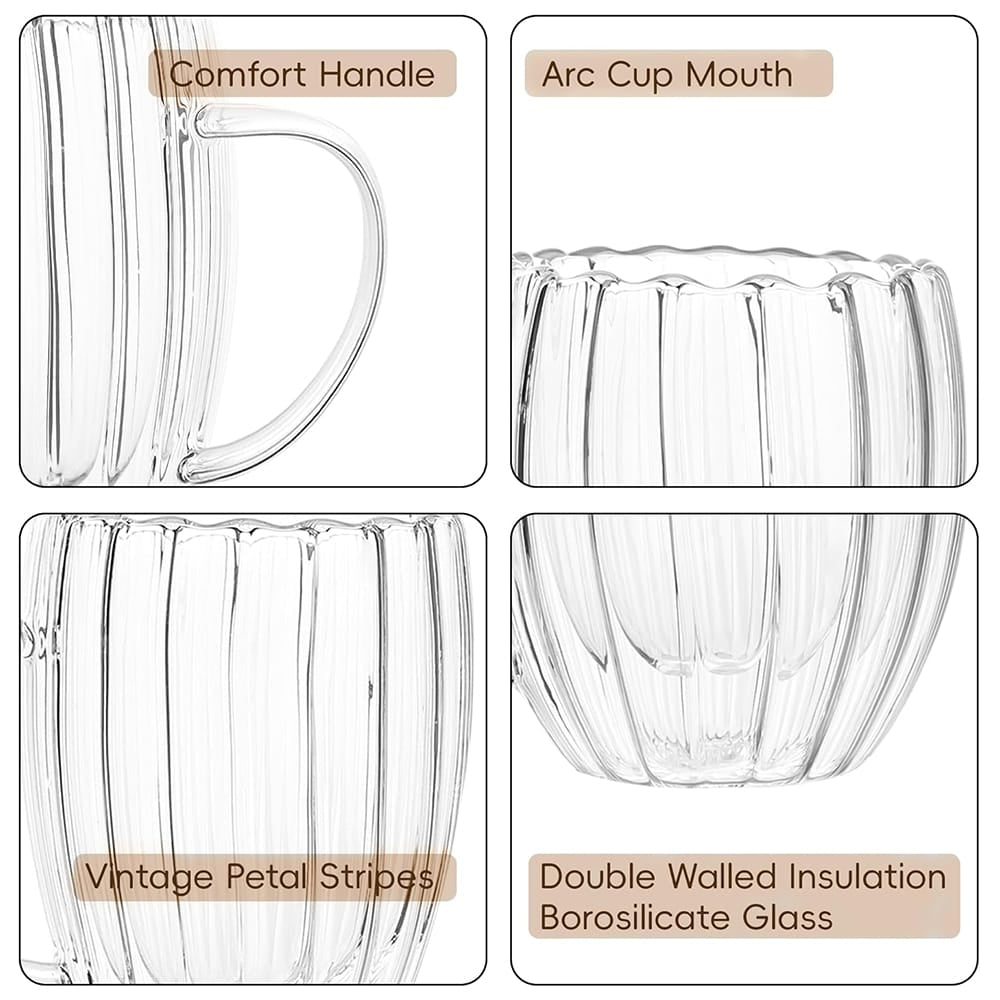 Ribbed Double Wall Insulated Borosilicate Glass Mugs, 250 ml | Stylish & Durable for Coffee, Tea & More - Crystalkart