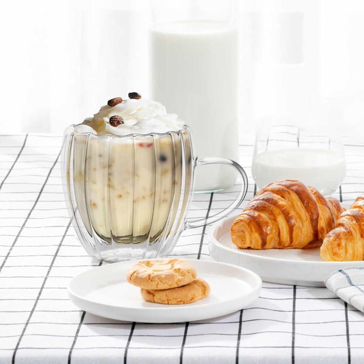 Ribbed Double Wall Insulated Borosilicate Glass Mugs, 250 ml | Stylish & Durable for Coffee, Tea & More - Crystalkart