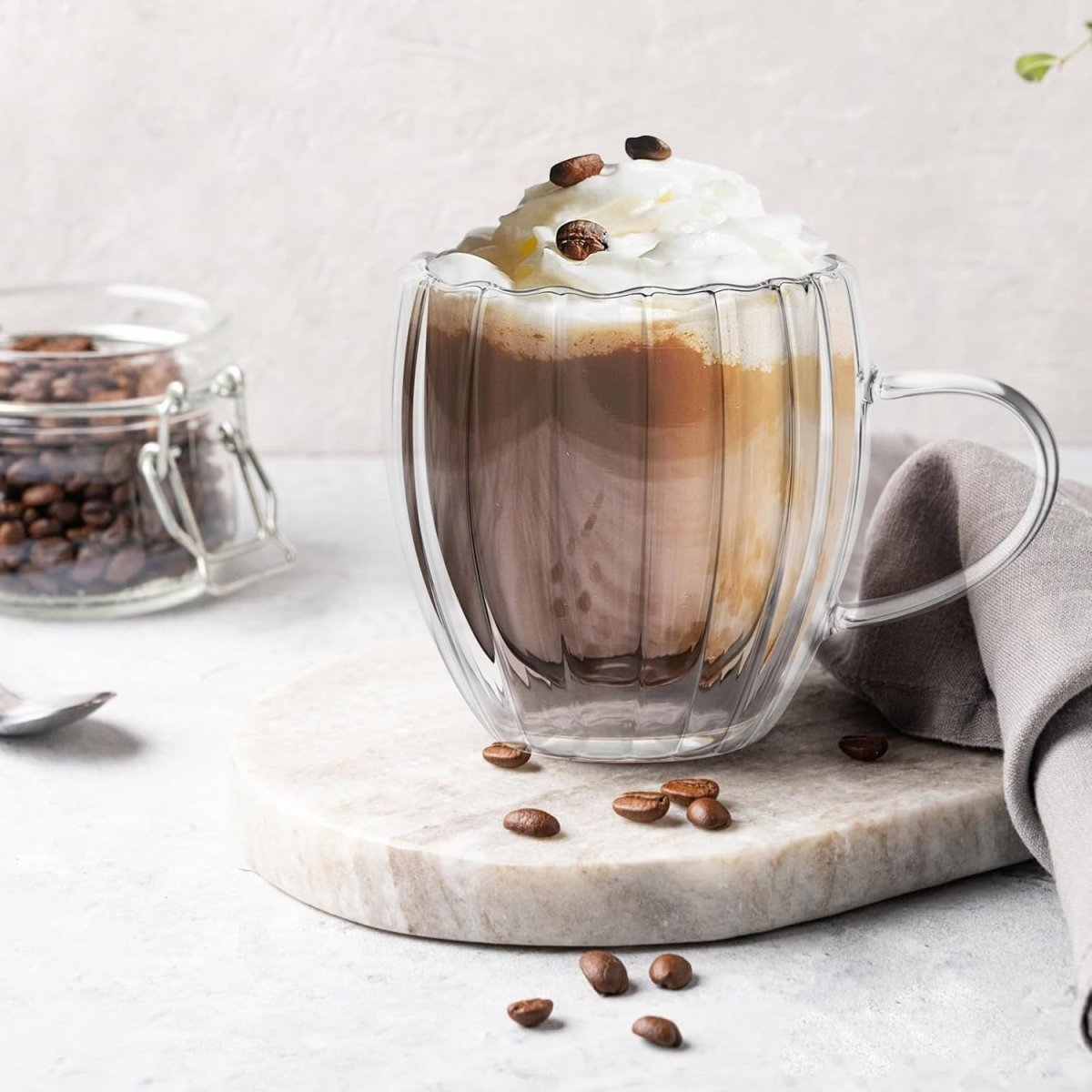 Ribbed Double Wall Insulated Borosilicate Glass Mugs, 250 ml | Stylish & Durable for Coffee, Tea & More - Crystalkart