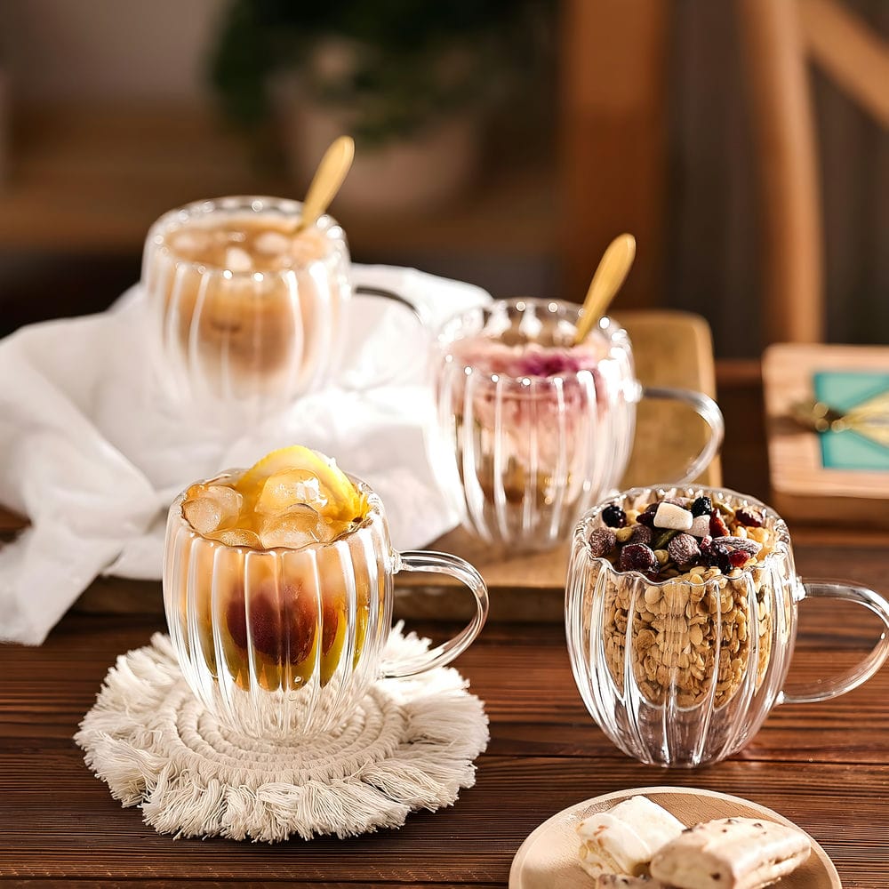 Ribbed Double Wall Insulated Borosilicate Glass Mugs, 250 ml | Stylish & Durable for Coffee, Tea & More - Crystalkart