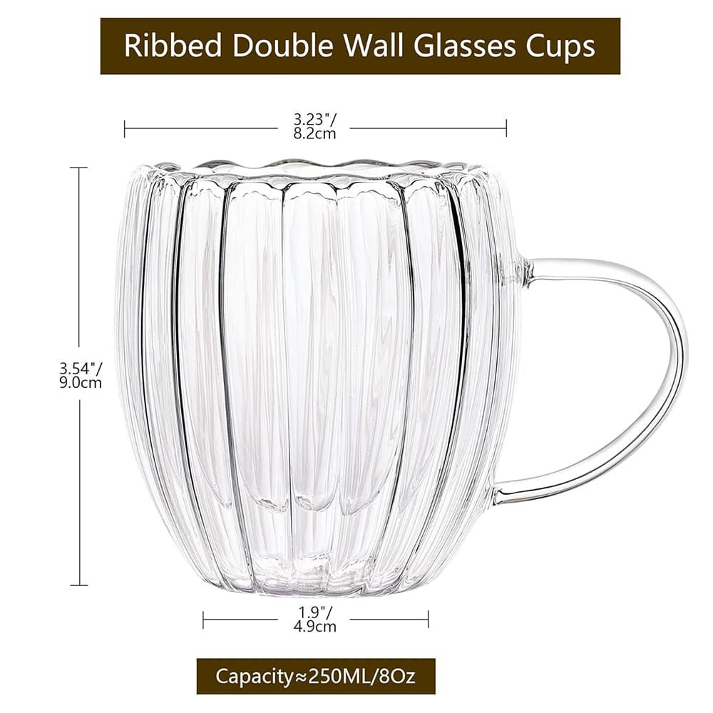 Ribbed Double Wall Insulated Borosilicate Glass Mugs, 250 ml | Stylish & Durable for Coffee, Tea & More - Crystalkart