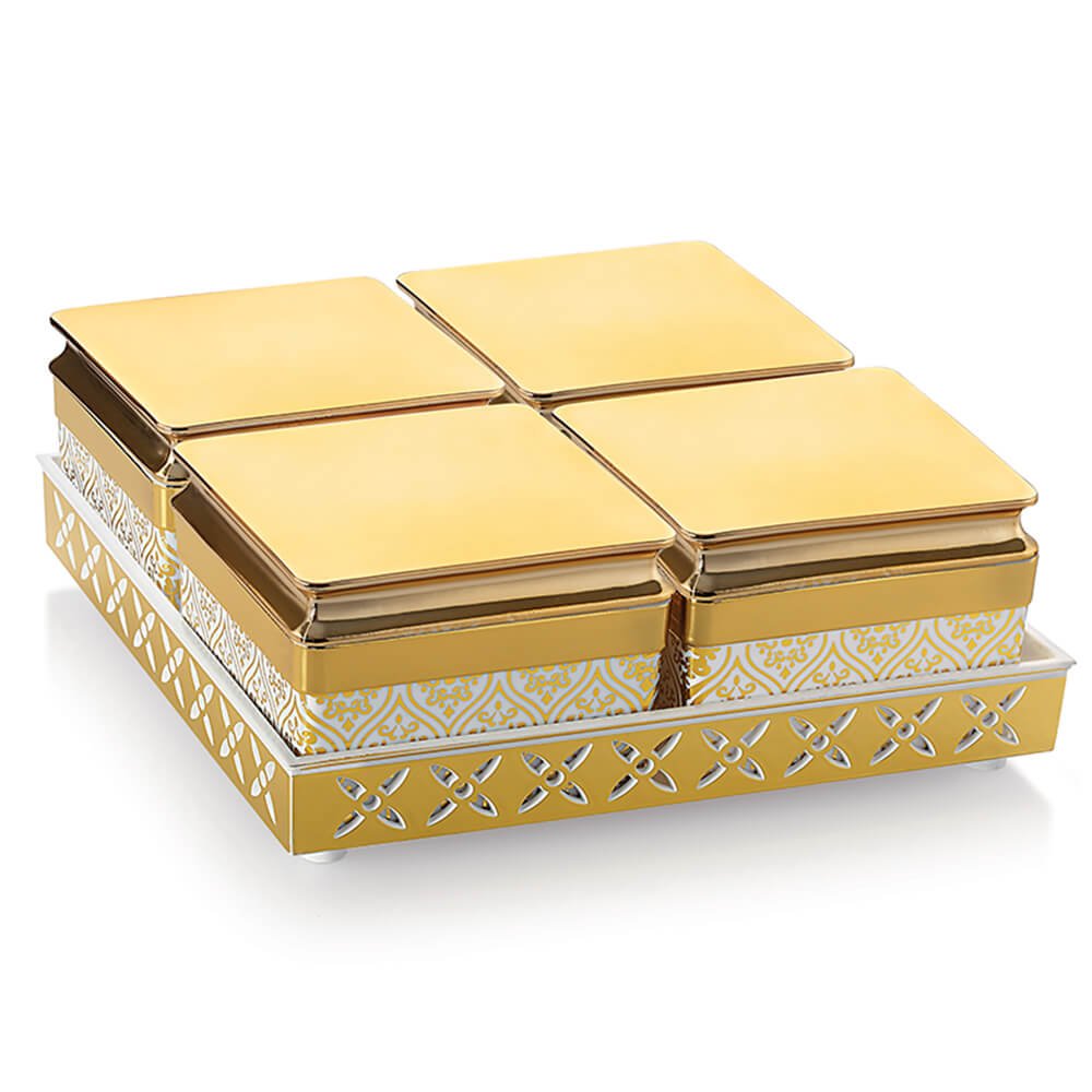 Rishabh Amber 4 - Piece Multipurpose Jar Set with Tray – Elegant White Jars with Golden Floral Pattern, Airtight Lids, Plastic Tray, Ideal for Dry Fruits, Masalas, Snacks, & More - Crystalkart Main image