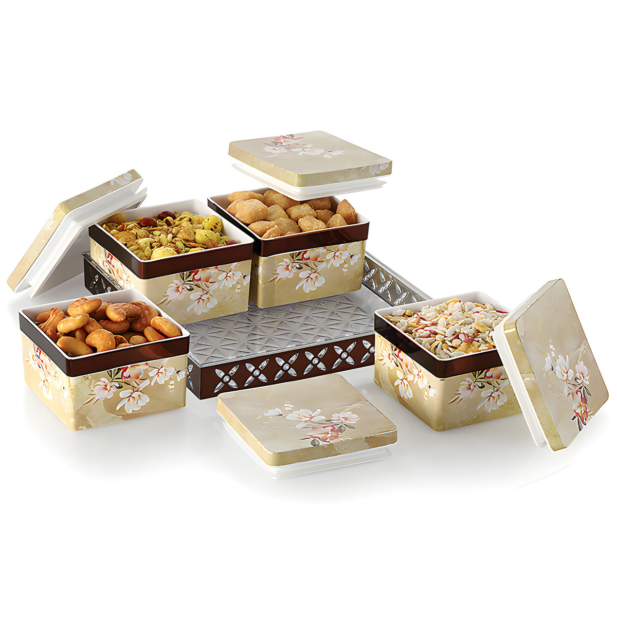 Rishabh Regalia Marbella 4-Piece Multipurpose Jar Set with Tray – Elegant Jars with Floral Pattern, Airtight Lids, Plastic Tray, Ideal for Dry Fruits, Masalas, Snacks, & More
