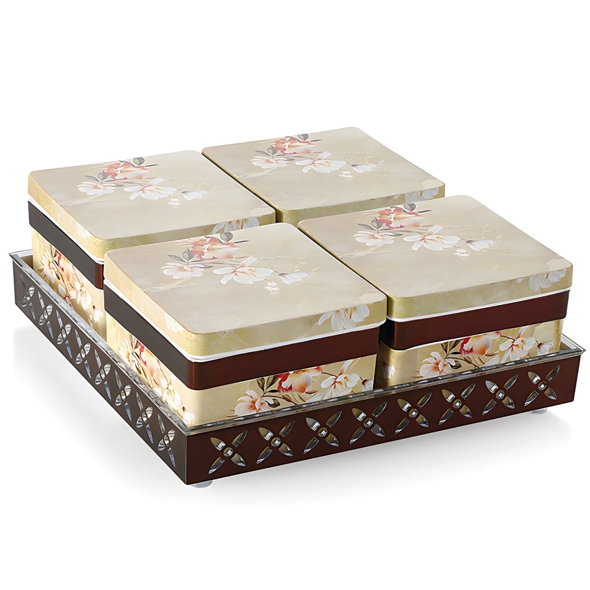 Rishabh Regalia Marbella 4-Piece Multipurpose Jar Set with Tray – Elegant Jars with Floral Pattern, Airtight Lids, Plastic Tray, Ideal for Dry Fruits, Masalas, Snacks, & More Secondary image