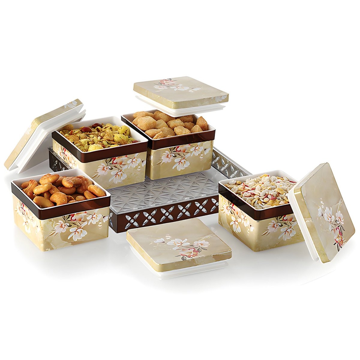 Rishabh Regalia Marbella 4 - Piece Multipurpose Jar Set with Tray – Elegant Jars with Floral Pattern, Airtight Lids, Plastic Tray, Ideal for Dry Fruits, Masalas, Snacks, & More - Crystalkart Main image