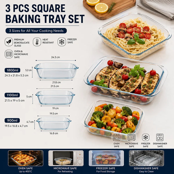 Set of 3 Square Borosilicate Glass Baking Dish - 900ml, 1100ml & 1800ml - Microwave, Oven, Freezer & Dishwasher Safe Glass Bakeware Set