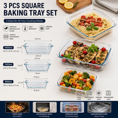 Set of 3 Square Borosilicate Glass Baking Dish - 900ml, 1100ml & 1800ml - Microwave, Oven, Freezer & Dishwasher Safe Glass Bakeware Set