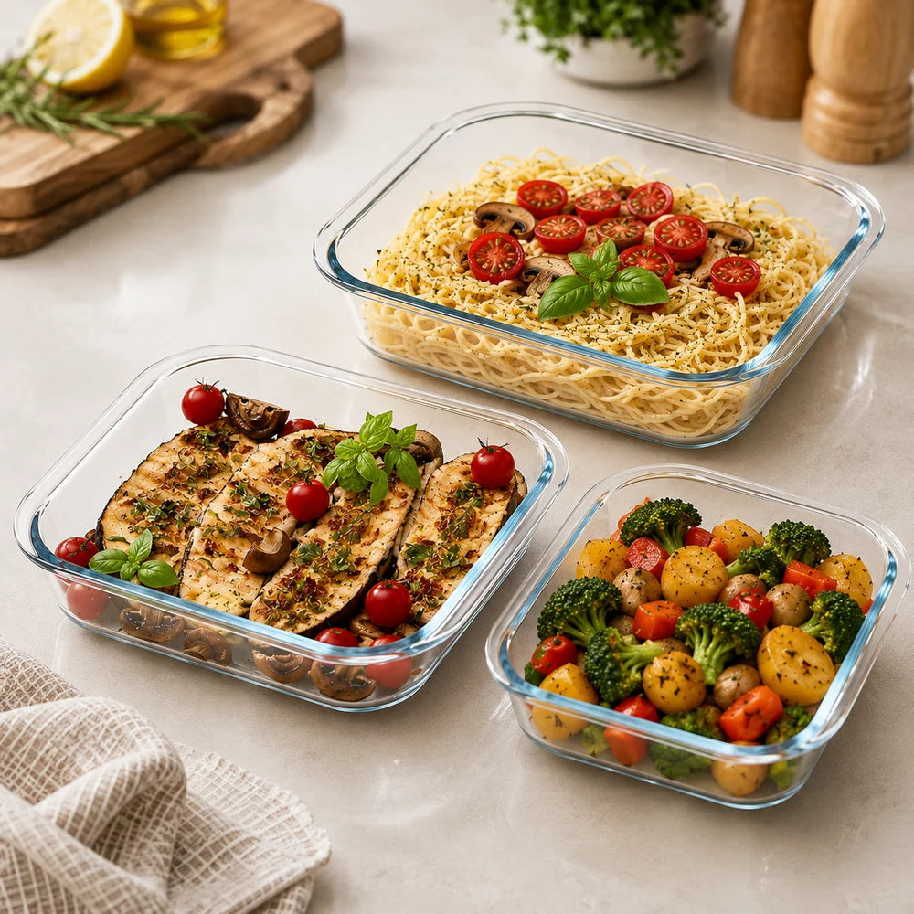 Set of 3 Square Borosilicate Glass Baking Dish - 900ml, 1100ml & 1800ml - Microwave, Oven, Freezer & Dishwasher Safe Glass Bakeware Set