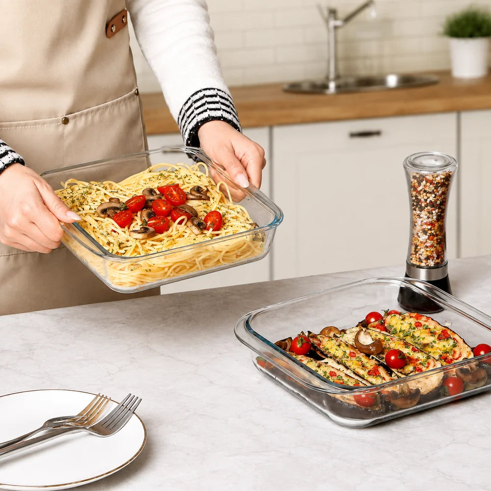Set of 3 Square Borosilicate Glass Baking Dish - 900ml, 1100ml & 1800ml - Microwave, Oven, Freezer & Dishwasher Safe Glass Bakeware Set