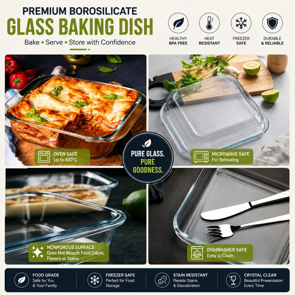 Set of 3 Square Borosilicate Glass Baking Dish - 900ml, 1100ml & 1800ml - Microwave, Oven, Freezer & Dishwasher Safe Glass Bakeware Set
