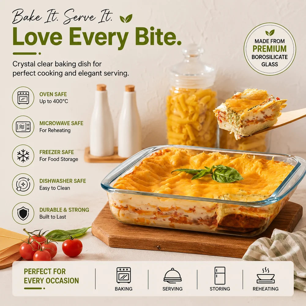 Set of 3 Square Borosilicate Glass Baking Dish - 900ml, 1100ml & 1800ml - Microwave, Oven, Freezer & Dishwasher Safe Glass Bakeware Set