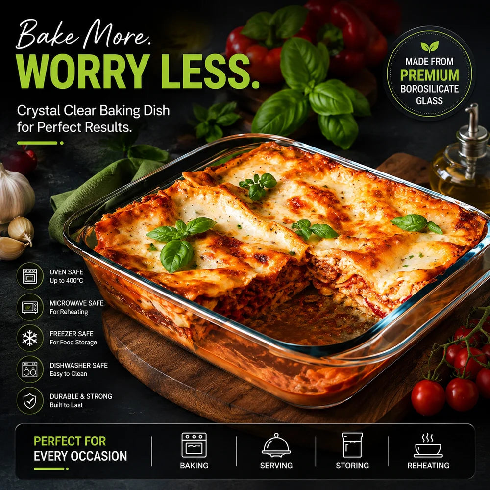 Set of 3 Square Borosilicate Glass Baking Dish - 900ml, 1100ml & 1800ml - Microwave, Oven, Freezer & Dishwasher Safe Glass Bakeware Set