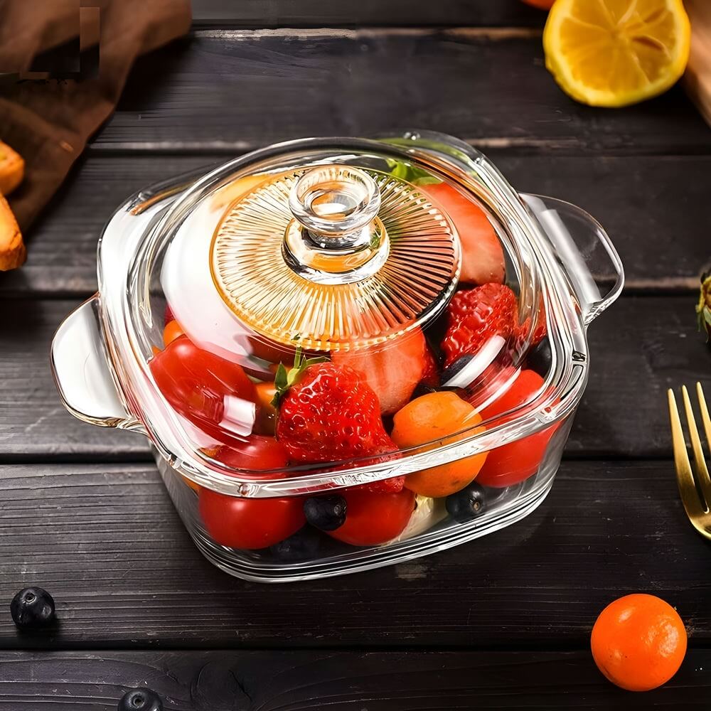 Transparent Tempered Glass Square Casserole with Lid - 2150 ml, Microwave Safe, Heat - Resistant, Durable, and Elegant Design - Crystalkart