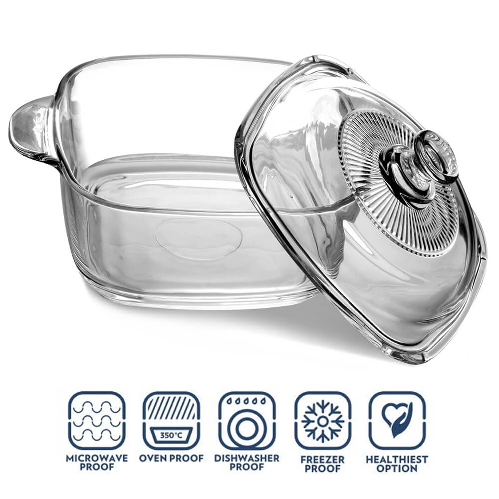 Transparent Tempered Glass Square Casserole with Lid - 2150 ml, Microwave Safe, Heat - Resistant, Durable, and Elegant Design - Crystalkart