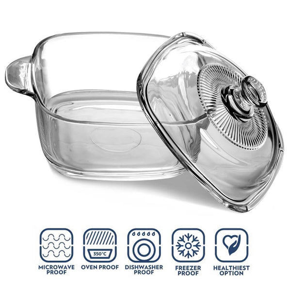 Transparent Tempered Glass Square Casserole with Lid - 2150 ml, Microwave Safe, Heat - Resistant, Durable, and Elegant Design - Crystalkart
