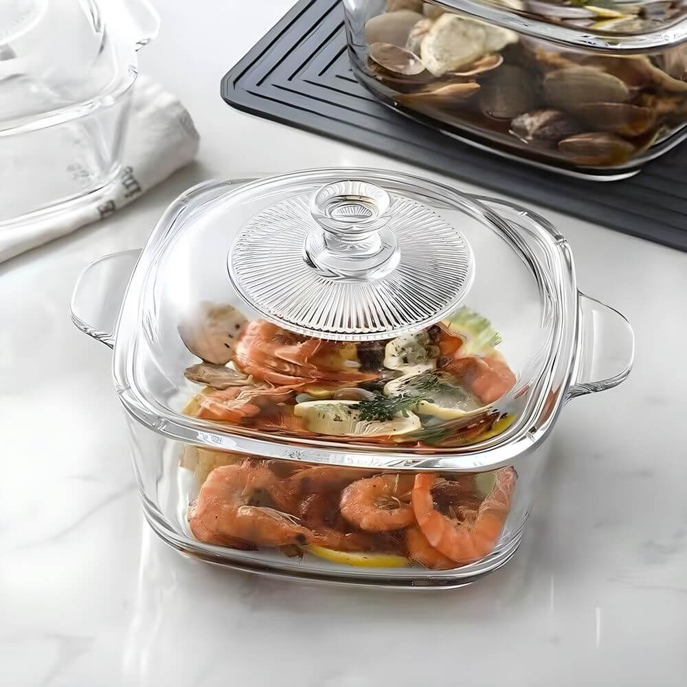 Transparent Tempered Glass Square Casserole with Lid - 2150 ml, Microwave Safe, Heat - Resistant, Durable, and Elegant Design - Crystalkart