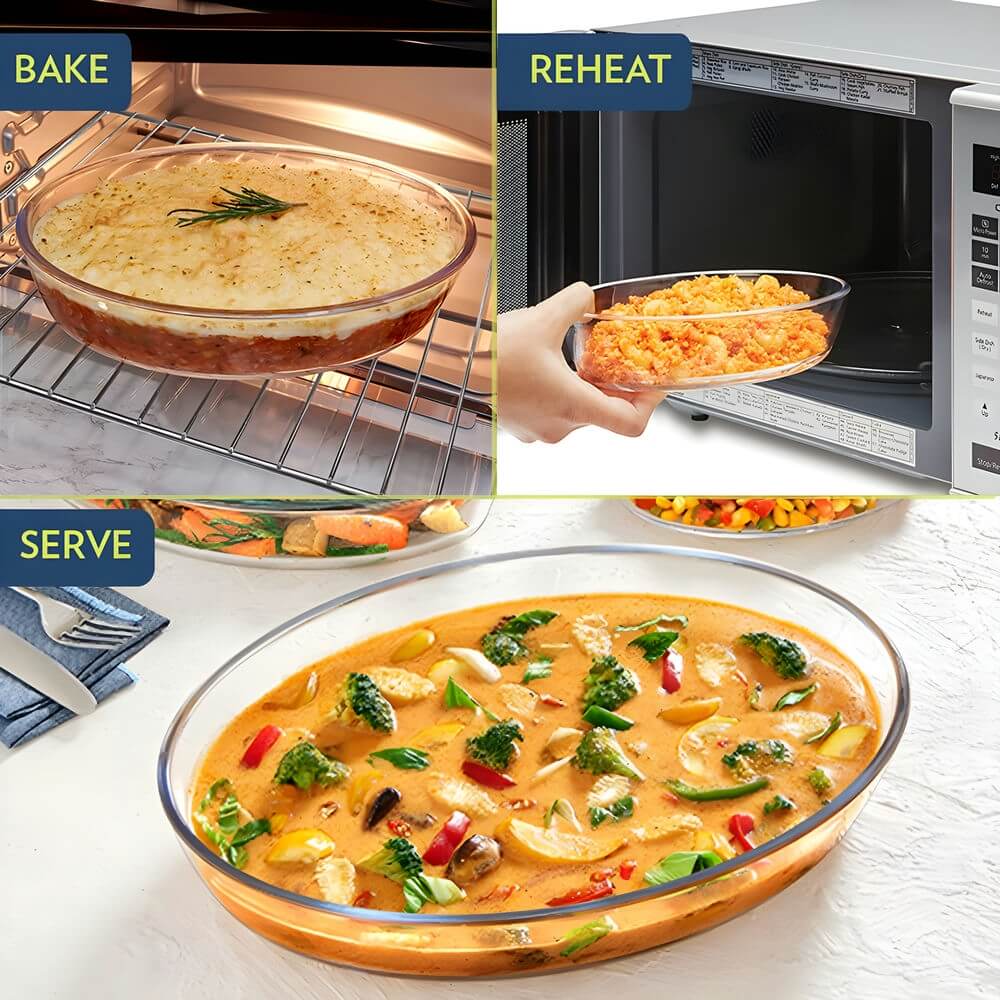 Versatile Set of 3 Oval Glass Baking Dishes – Durable, Transparent, Even-Heating – Microwave, Dishwasher, and Freezer Safe – 2400ml, 1600ml, 700ml