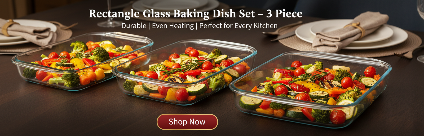Versatile set of 3 rectangle glass baking dishes – durable, transparent, and even-heating. Microwave, dishwasher, and freezer safe with capacities of 2200ml, 1600ml, and 1000ml.