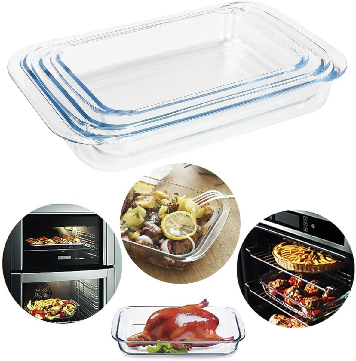 Versatile Set of 3 Rectangle Glass Baking Dishes – Durable, Transparent, Even - Heating – Microwave, Dishwasher, and Freezer Safe – 2200ml, 1600ml, 1000ml - Crystalkart