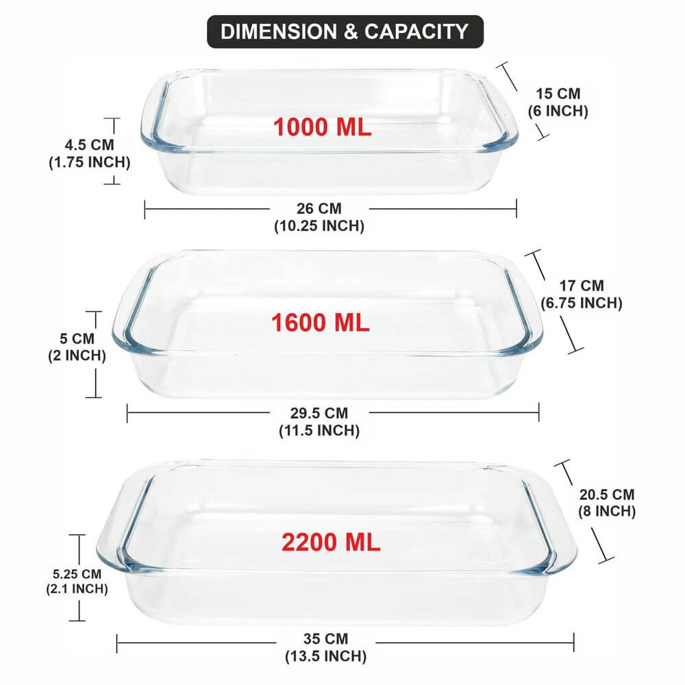 Versatile Set of 3 Rectangle Glass Baking Dishes – Durable, Transparent, Even - Heating – Microwave, Dishwasher, and Freezer Safe – 2200ml, 1600ml, 1000ml - Crystalkart