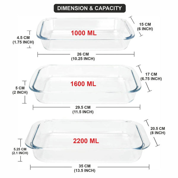 Versatile Set of 3 Rectangle Glass Baking Dishes – Durable, Transparent, Even - Heating – Microwave, Dishwasher, and Freezer Safe – 2200ml, 1600ml, 1000ml - Crystalkart